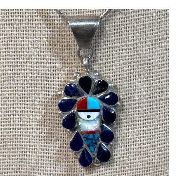 SIGNED Stanford Gchachu Zuni Sterling Silver Sunface gemstone Pendant Opal Onyx - Picture 1 of 10